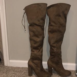 Beige thigh high heeled boots